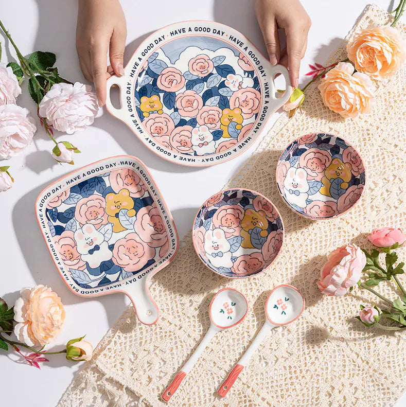 Large Rose Underglaze Porcelain Tableware Set