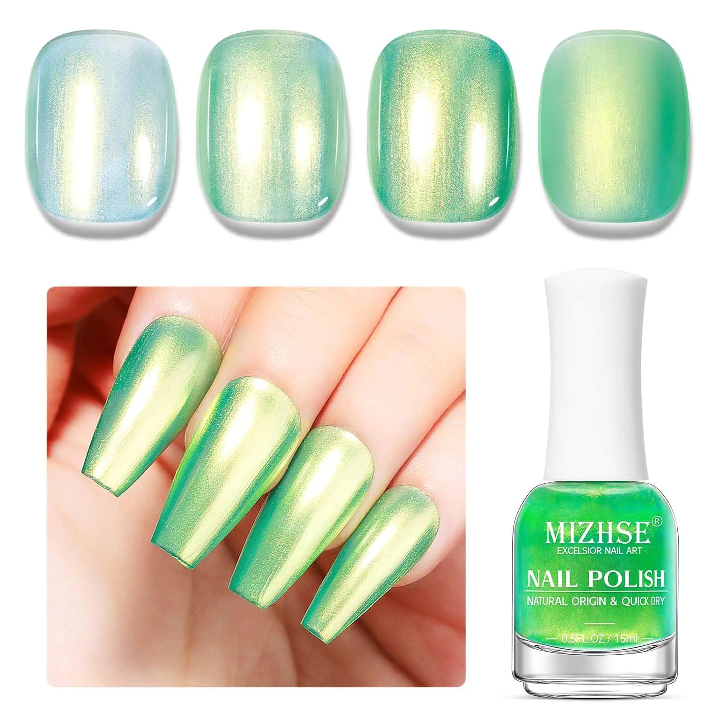 MIZHSE Quick Dry Nail Polish Mermaid Aurora Green Nail Polish Air Dry Fast 15ml/0.5 fl oz Regular Shiny Glitter Oil-based Shimmery Nail Lacquer Non-Gel Nail Art Salon Manicure Home DIY - US seller