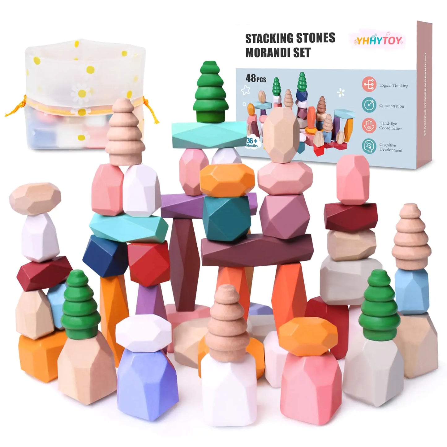 48 PCS Wooden Stacking Rocks Building Blocks Sensory Toddler Learning Montessori Toys for 3 Year Old Preschool Classroom Must Haves Educational STEM Toys 3 4 5 6 Year Old Baby Girl Boy Gifts - US seller