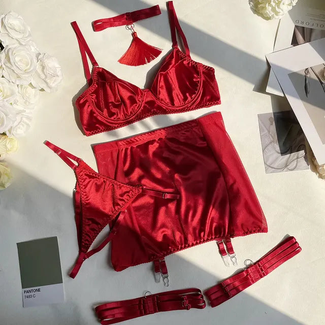5-Piece Women's Satin Choker Lingerie Set with Garter
