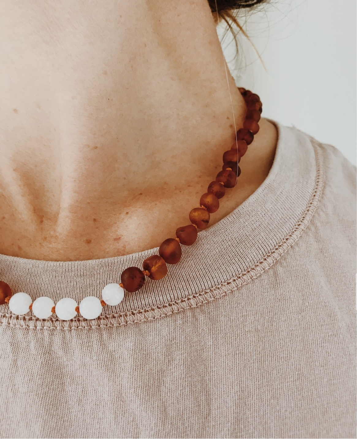 Raw Cognac Baltic Amber + Moonstone || Necklace