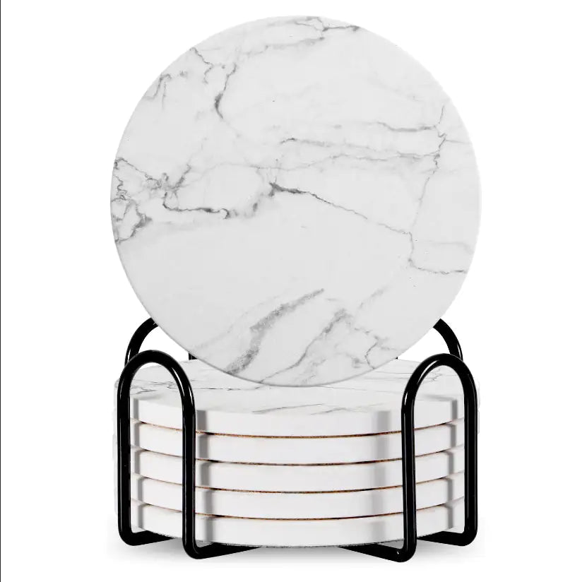 Set Of 6 Beverage Coasters With Stand Round 4in Ceramic Coaster With Metal Stand Absorbent Marble Stone Coaster With Cork Base