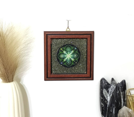 Pyrite Frame with Numinosity Mandala Art, Pyrite Dust Plate