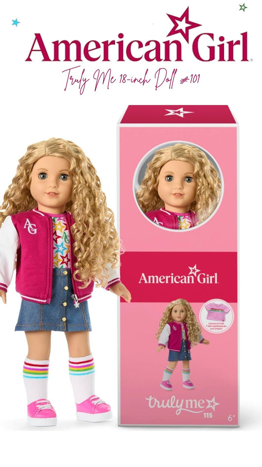 American Girl, Truly Me 18-inch Doll #115 with Gray Eyes, Curly Blonde Hair, Light Skin, Varsity Jacket, for Ages 6+