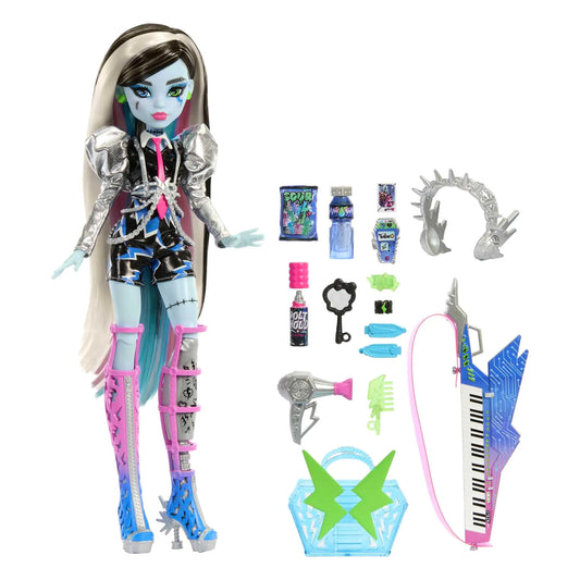 Monster HIGH Rockstar Frankie Stein - Puppe mit Metallic-Puffärmeln Kunstleder-Shorts und drapiertem Kettengeschirr inklusive Zubehör für Rocker-Glam-Haarstyling HNF84 - US seller