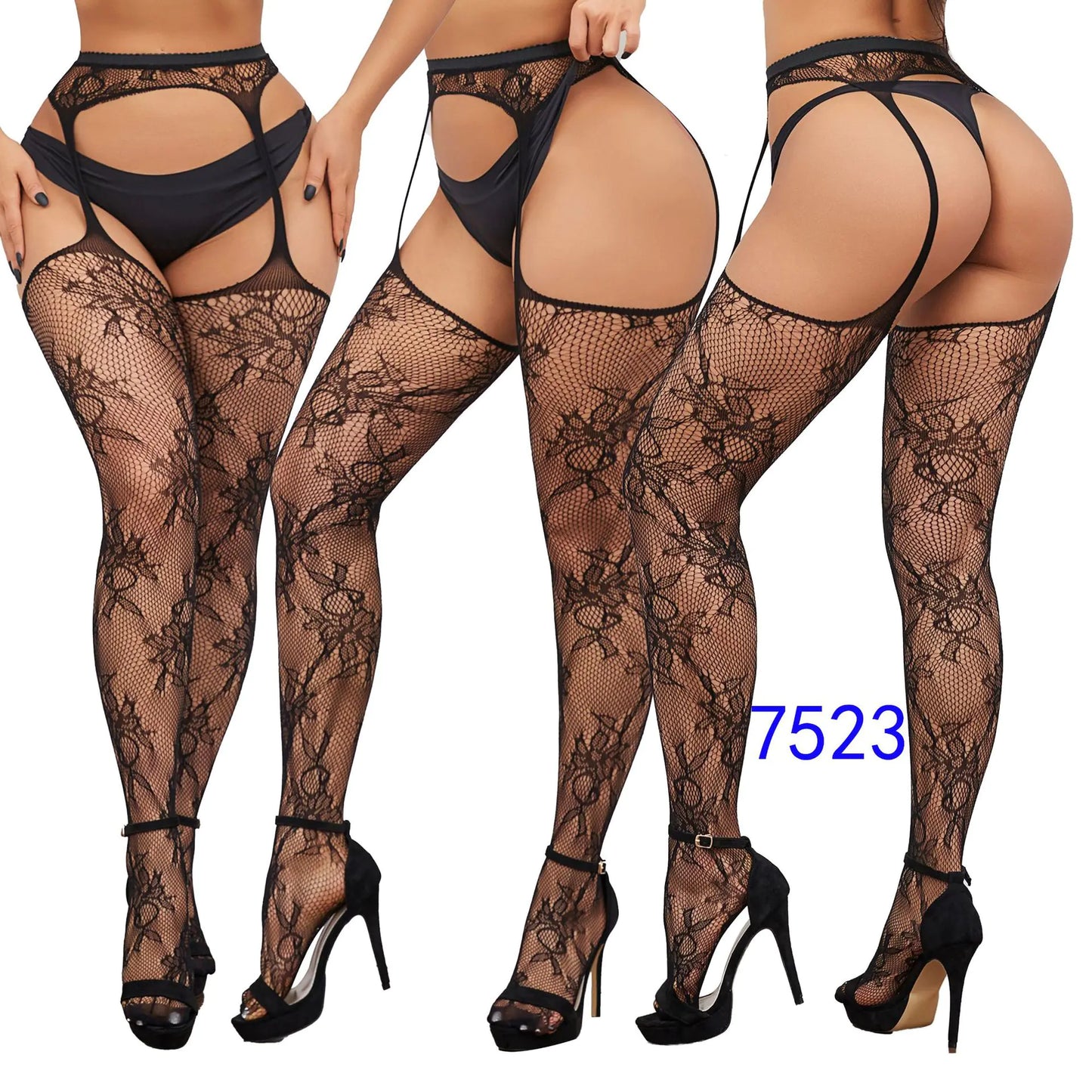 Factory Stock Women's Fishnet Stockings with Floral Design - Lingerie