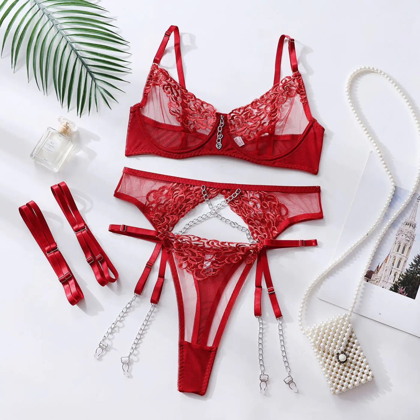 Dnika Lingerie Set with Embroidery and Metal Chains