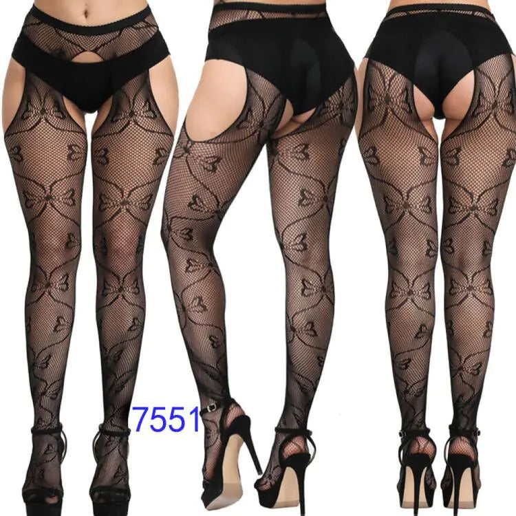 Factory Stock Women's Fishnet Stockings with Floral Design - Lingerie