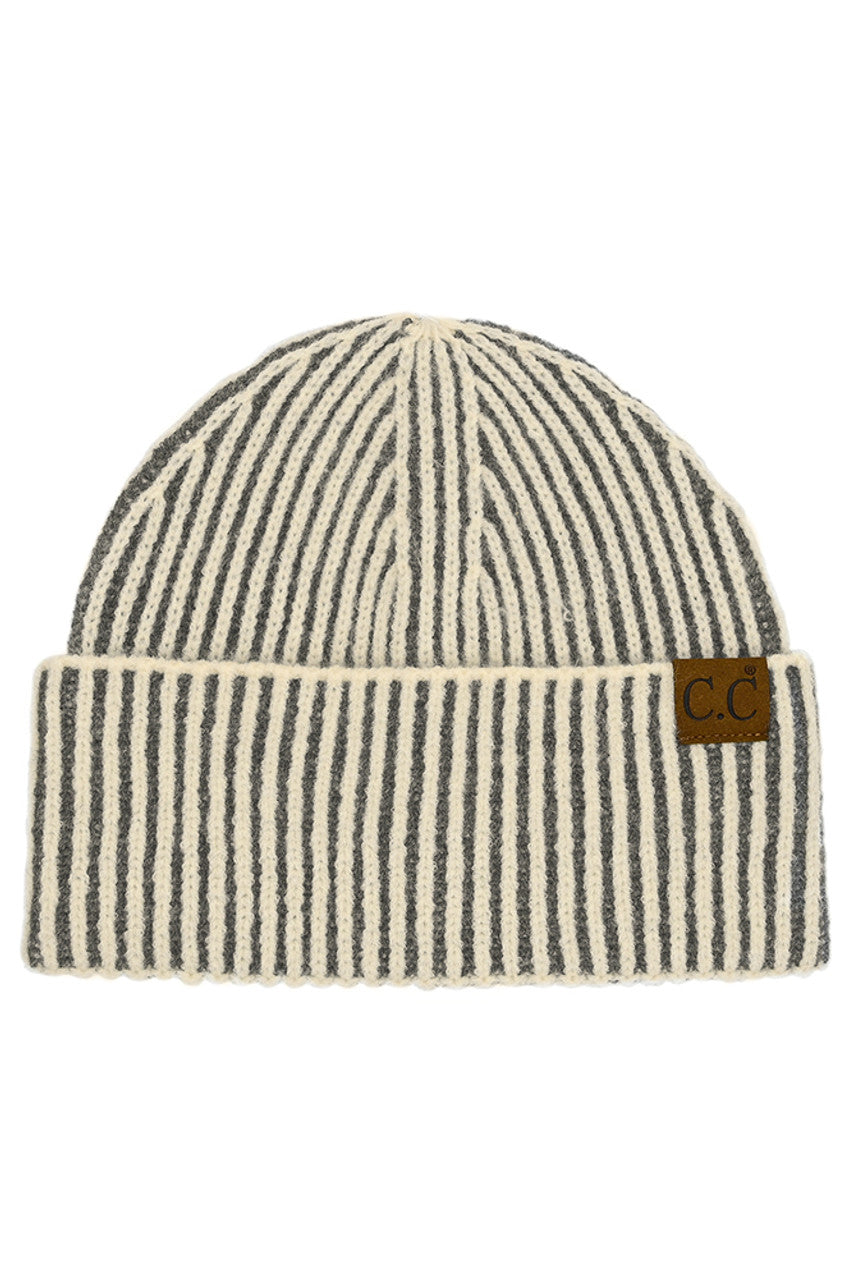 C.C Contrast Color Stripes Cuff Beanie