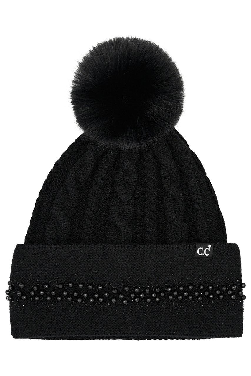C.C Pearl Rhinestone Embellishment Beanie with Fur Pom