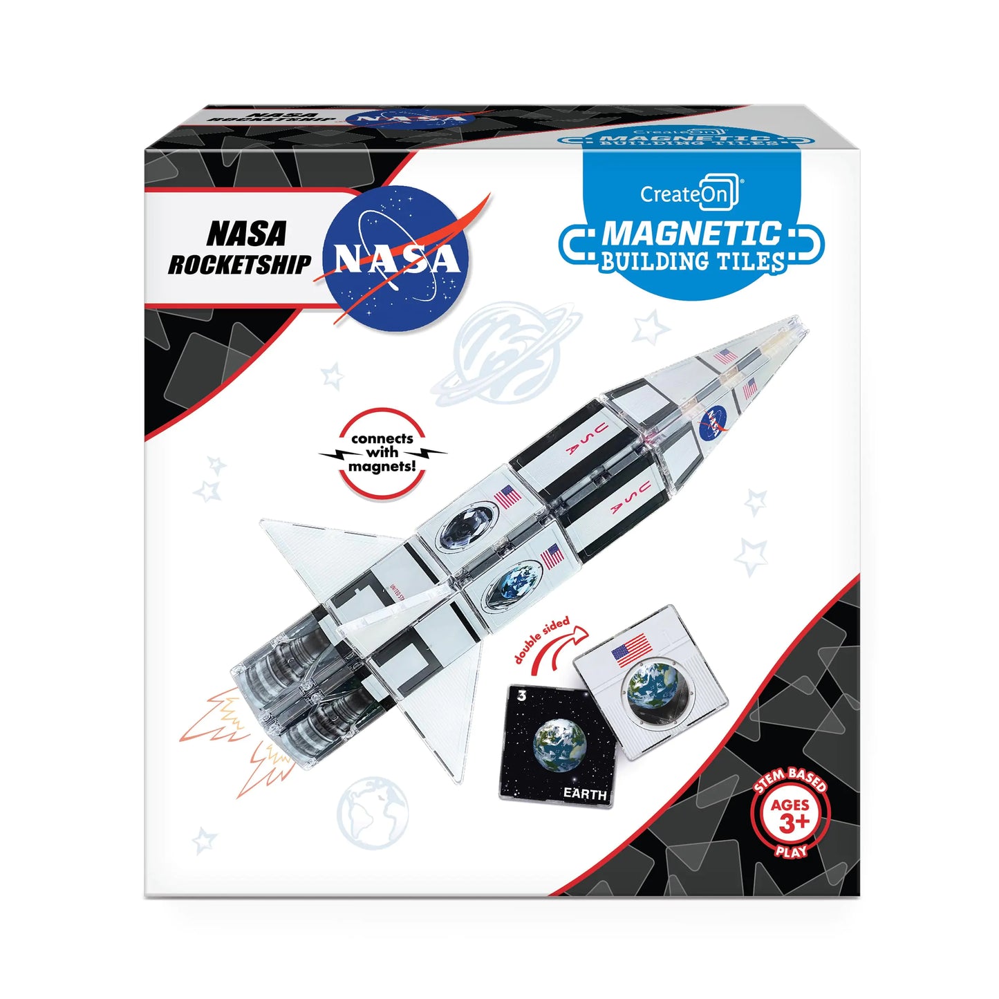 CreateOn NASA Rocketship Magnetic Tile Set Building Set for Kids Magnetic Building Toys for Kids STEM Toys for Boys and Girls Ages 3 and Up 18-Piece Set - US seller