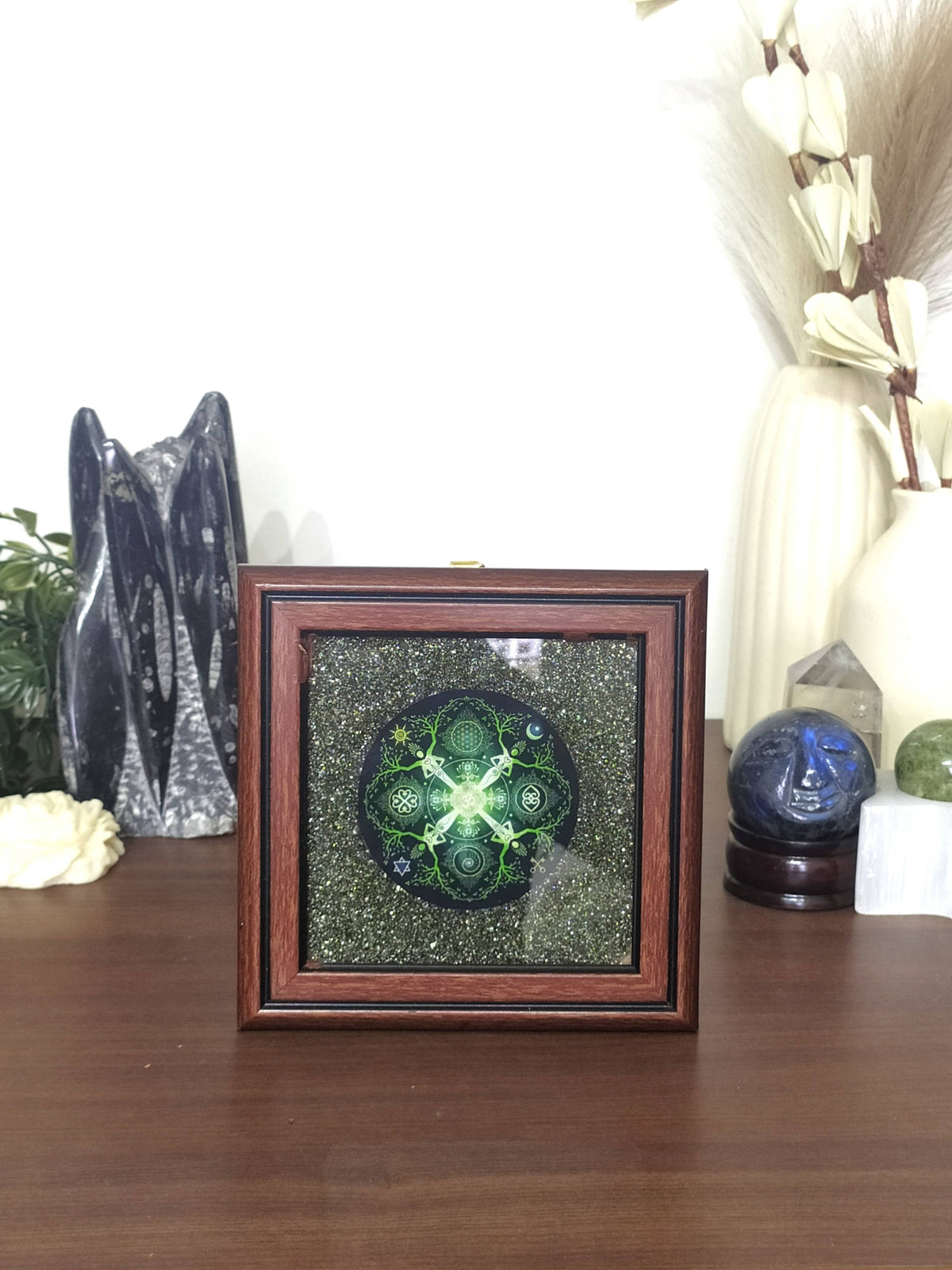 Pyrite Frame with Numinosity Mandala Art, Pyrite Dust Plate