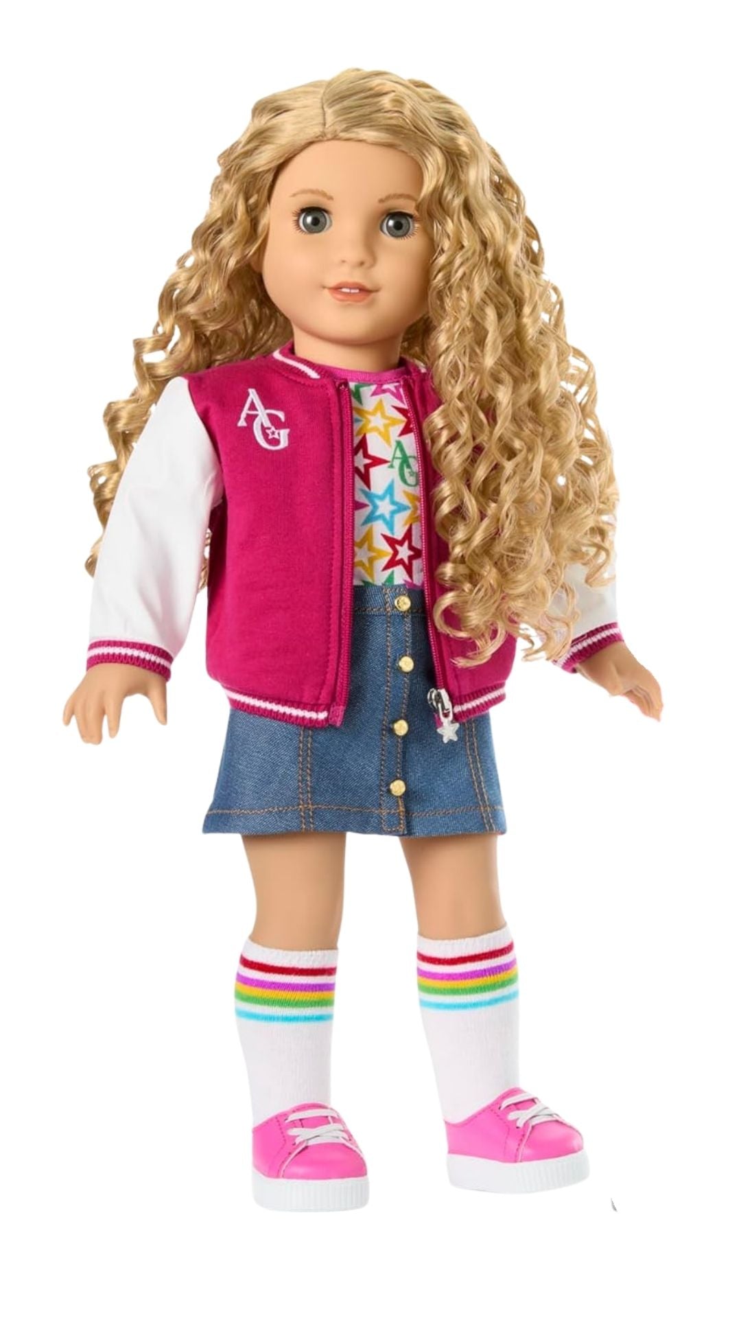 American Girl, Truly Me 18-inch Doll #115 with Gray Eyes, Curly Blonde Hair, Light Skin, Varsity Jacket, for Ages 6+
