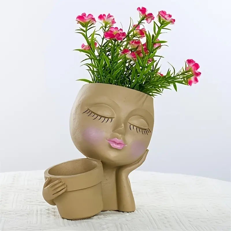 Double Flower Pots with Rustic Girl Figure Planter