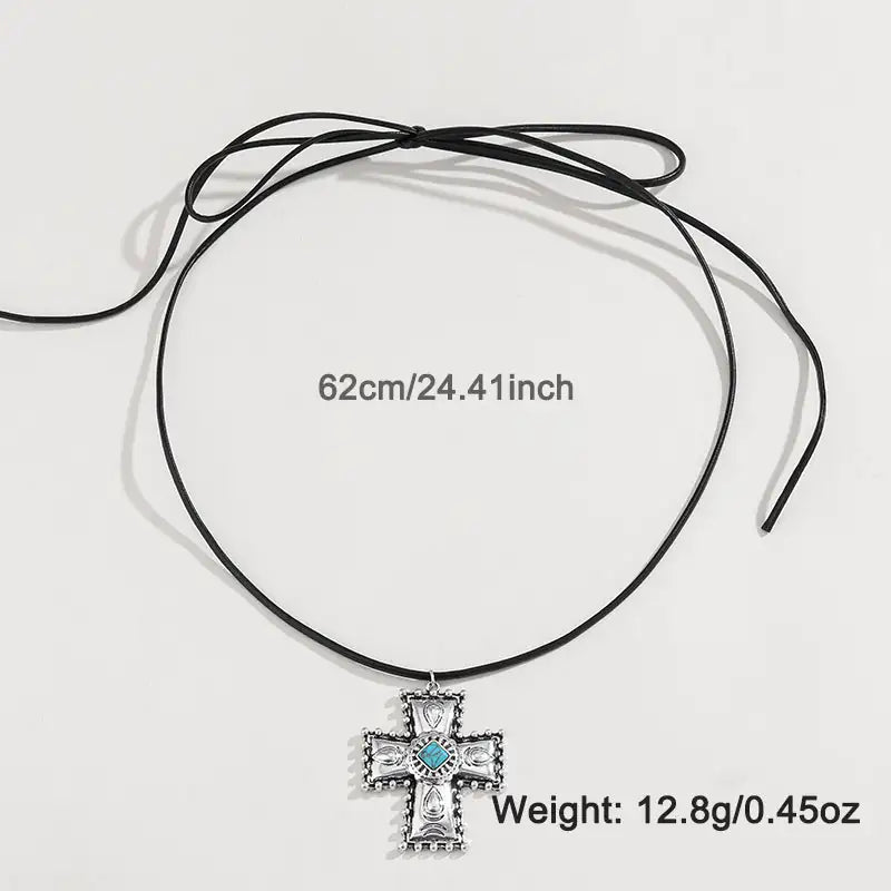 Personalized Turquoise Wax Rope Necklace Embossed Vintage Cross