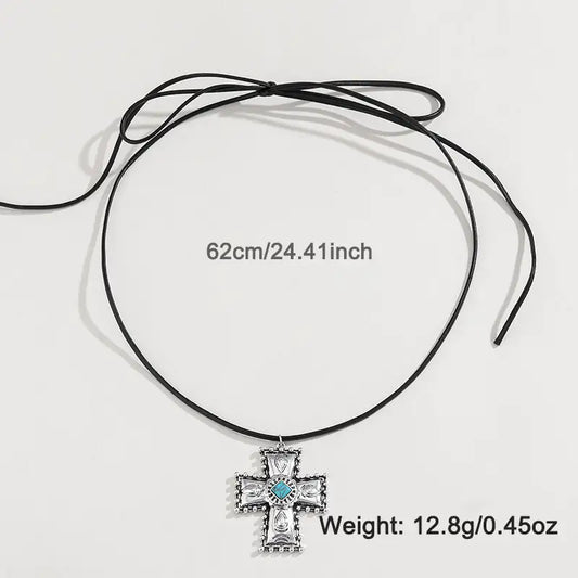 Personalized Turquoise Wax Rope Necklace Embossed Vintage Cross