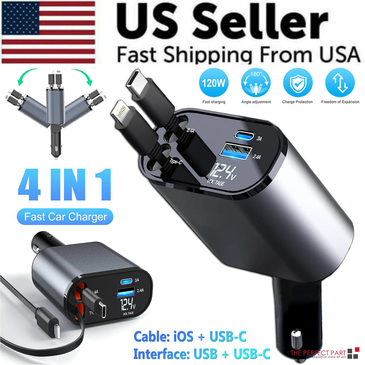 Retractable Car Charger 4 in 1 Fast Car Phone Charger 120W With USB Type C Cable