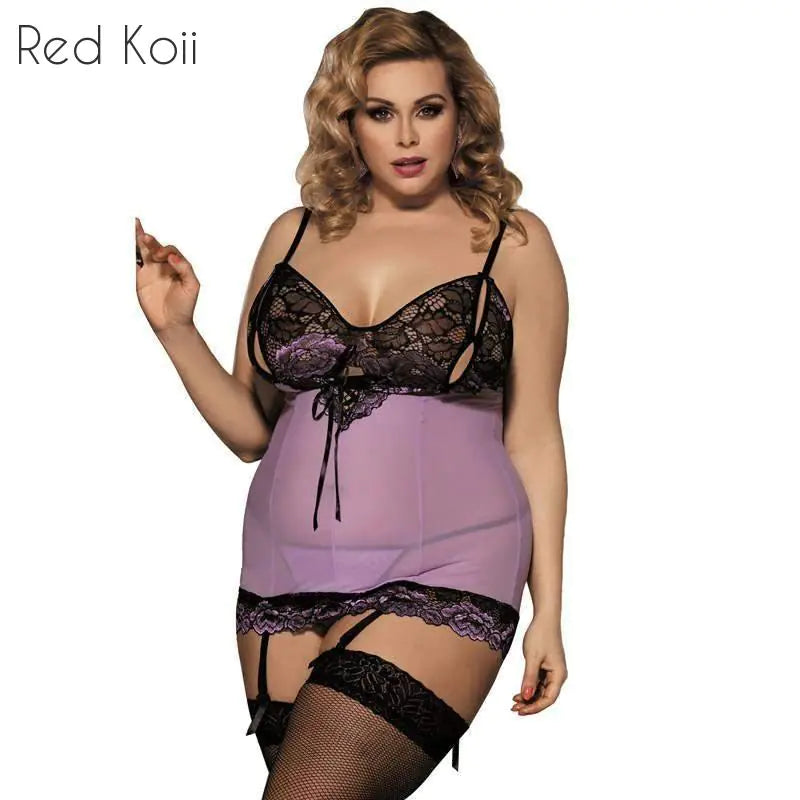 Plus Size Lace Bodysuit with Garter Sleepwear - Lingerie