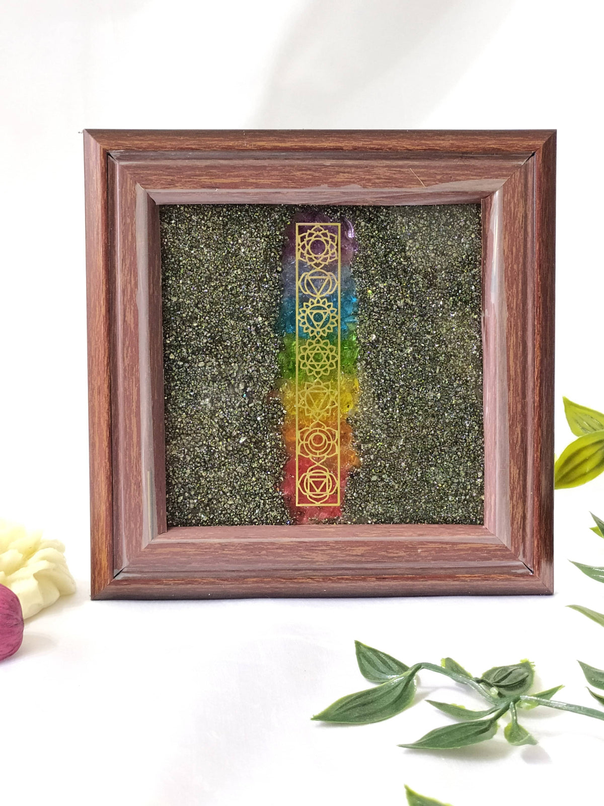 Pyrite Frame Raw Pyrite with 7 Chakra Pyrite Dust Plate