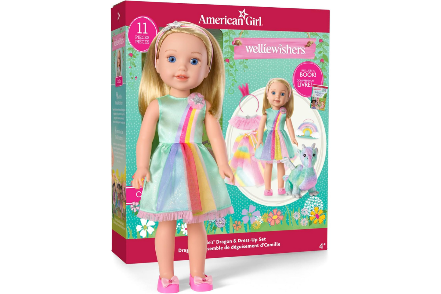 American Girl WellieWishers 14.5-inch Camille Doll Playset with Crisella The Dragon, Doll Dress and Accessories, and Storybook, for Ages 4+