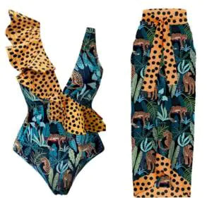 Alcione Swimsuit with Leopard Print Bikini Set (One Set) - 888