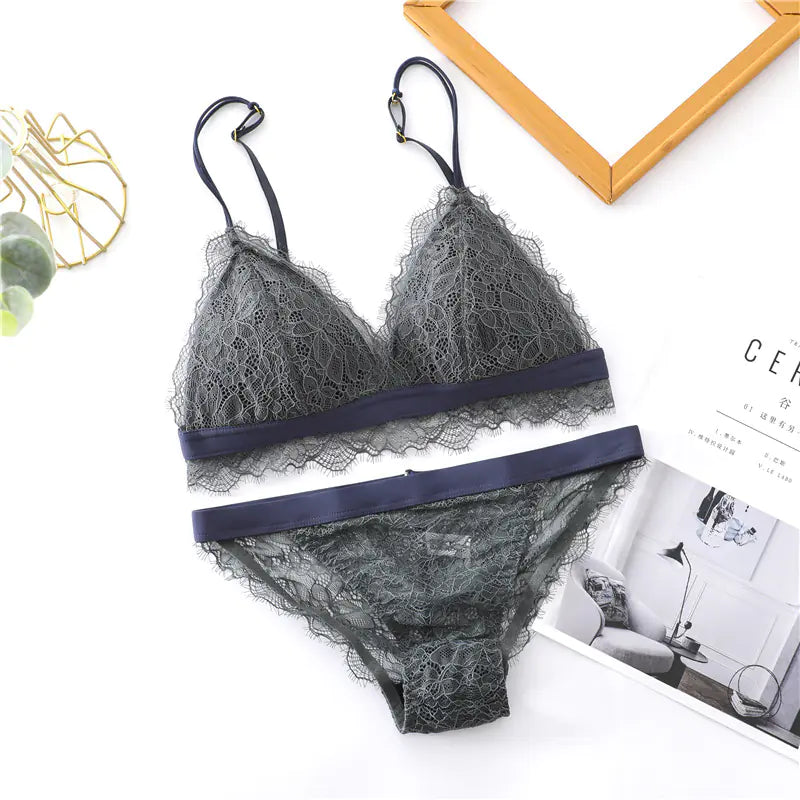 French Ultra-Thin Women's Lace Bra Set with Triangle Cups - Lingerie