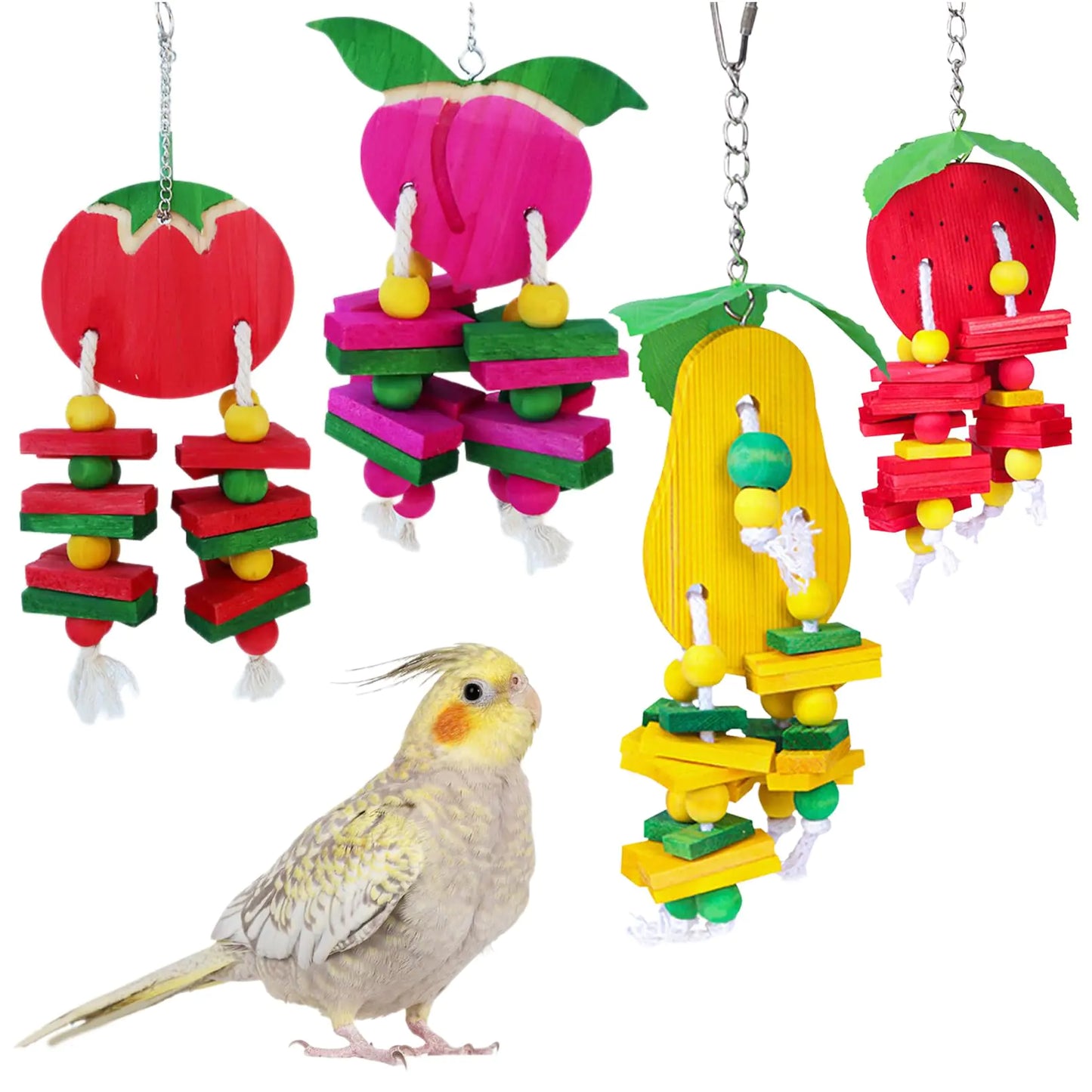 Hamiledyi 4 PCS Bird Toys Parrot Toys Multicolor Natural Wooden Block Bird Chewing Toys Parrot Cage Bite Toys for Conures Parakeets Cockatiels Lovebirds African Grey Macaws Amazon Parrots - US seller