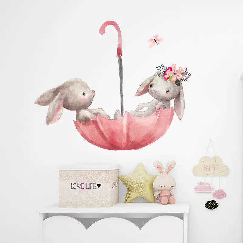 Pink Umbrella Bunnies Wall Stickers for Kids' Room