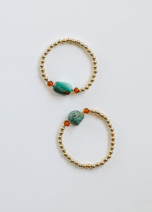 Natural Turquoise + Baltic Amber || 14K Gold Filled || Adult Stretch Bracelet