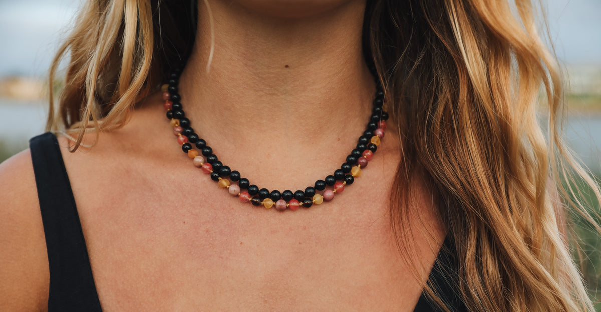 Raw Honey Baltic Amber : Smokey Quartz + Rhodonite || Necklace