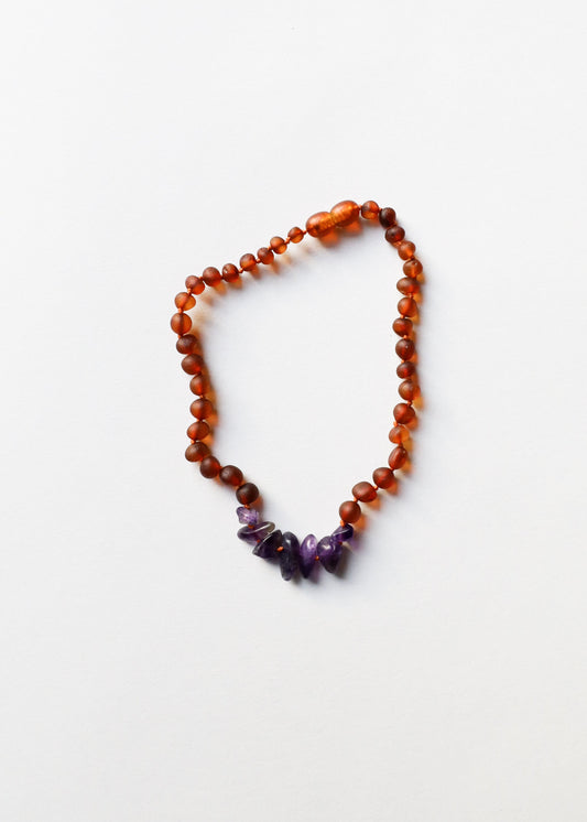 Raw Cognac Baltic Amber + Raw Amethyst || Necklace