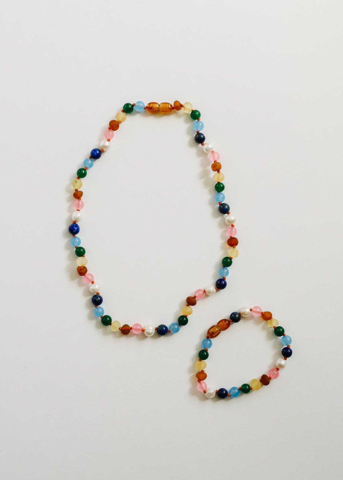Raw Baltic Amber and Pearl Necklace + Sweet Pink Gemstones