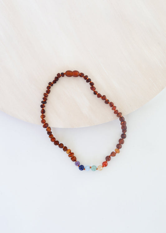 Raw Cognac Baltic Amber + CHAKRA Crystals || Necklace