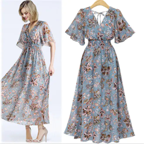 Plus Size Summer V-Neck Chiffon Maxi Dress for Women - 888