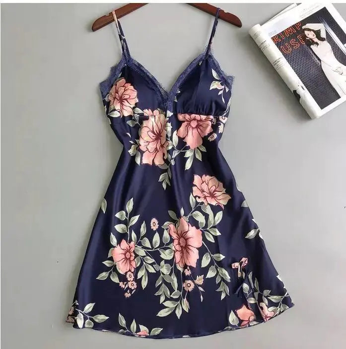 Sexy Women's Floral Ice Silk Sleepwear Nightgown - Lingerie