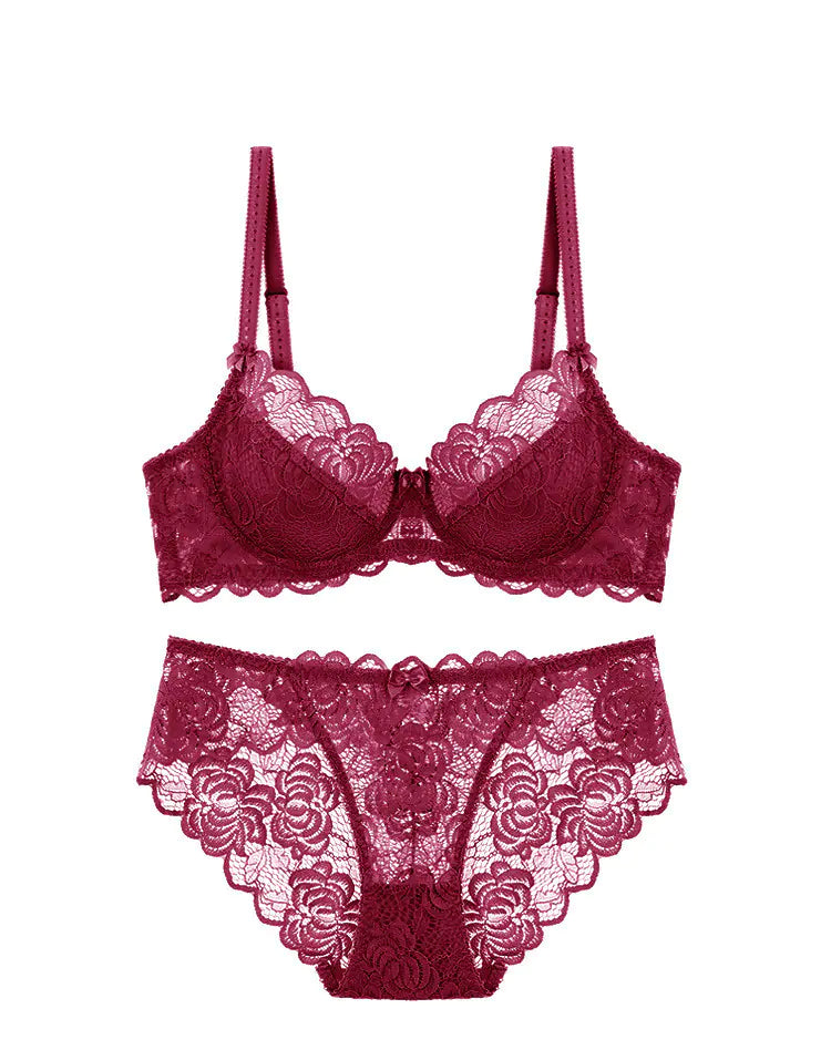 Lace Bra Set with Underwire and Thin Mesh Fabric - Lingerie