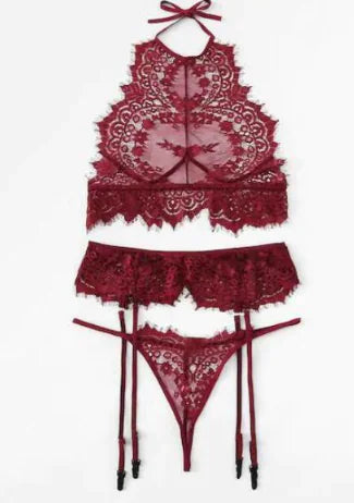 Lace Three-Piece Lingerie Set with Straps and Cutouts