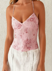 Women's Mesh Plant Print Low-cut Halter Tank Top - Lingerie