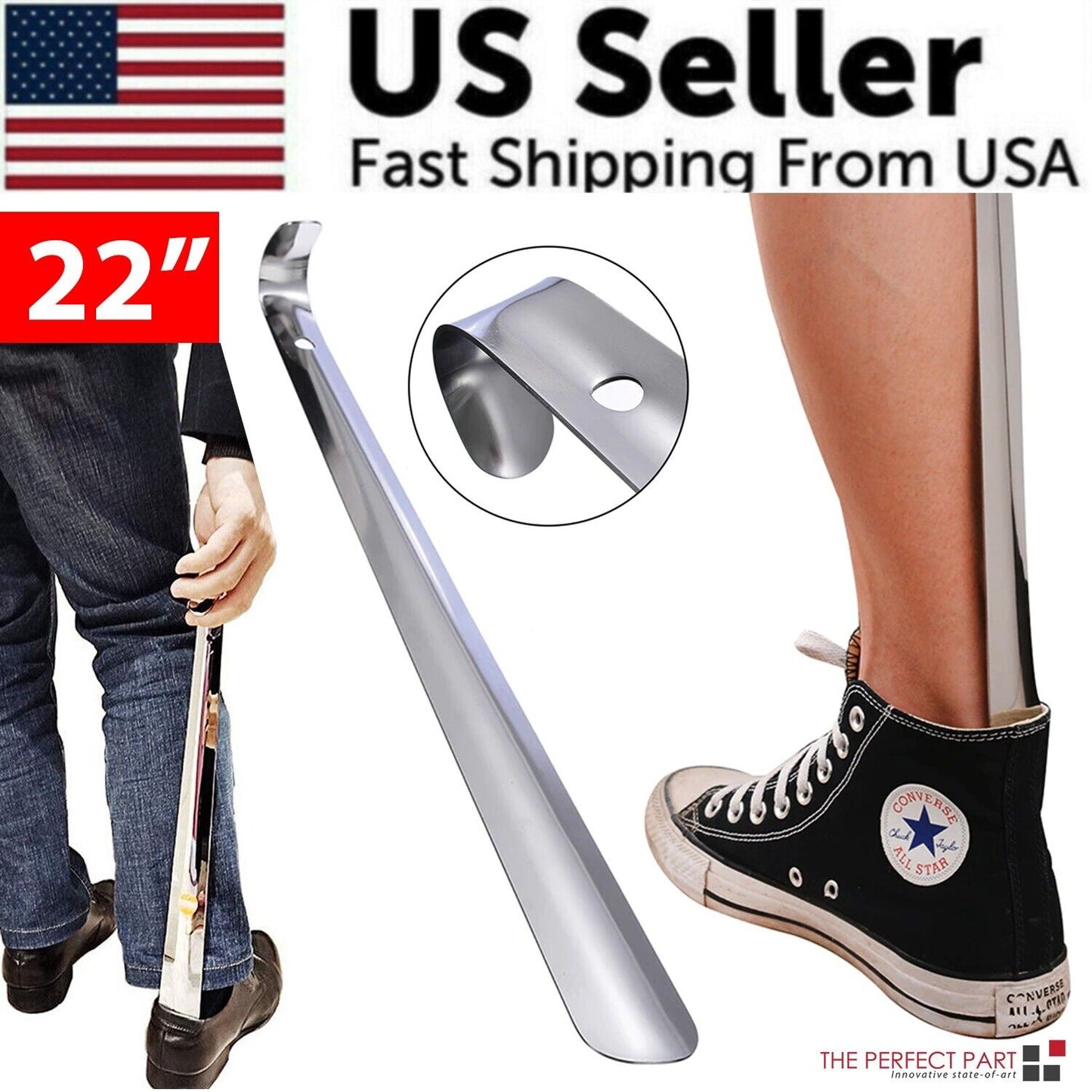 22in Extra Long Handle Shoe Horn Stainless Steel Metal Shoes Remover Shoehorn US seller