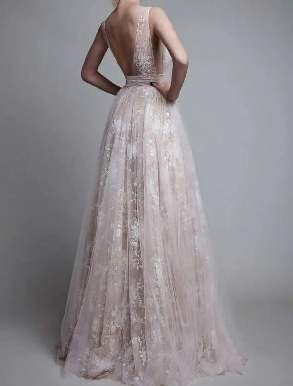Lace Deep V Wedding Dress Long Gown - 888