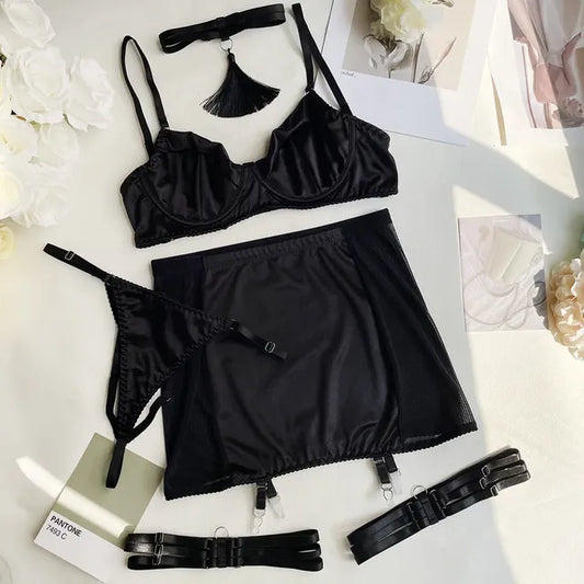 5-Piece Women's Satin Choker Lingerie Set with Garter