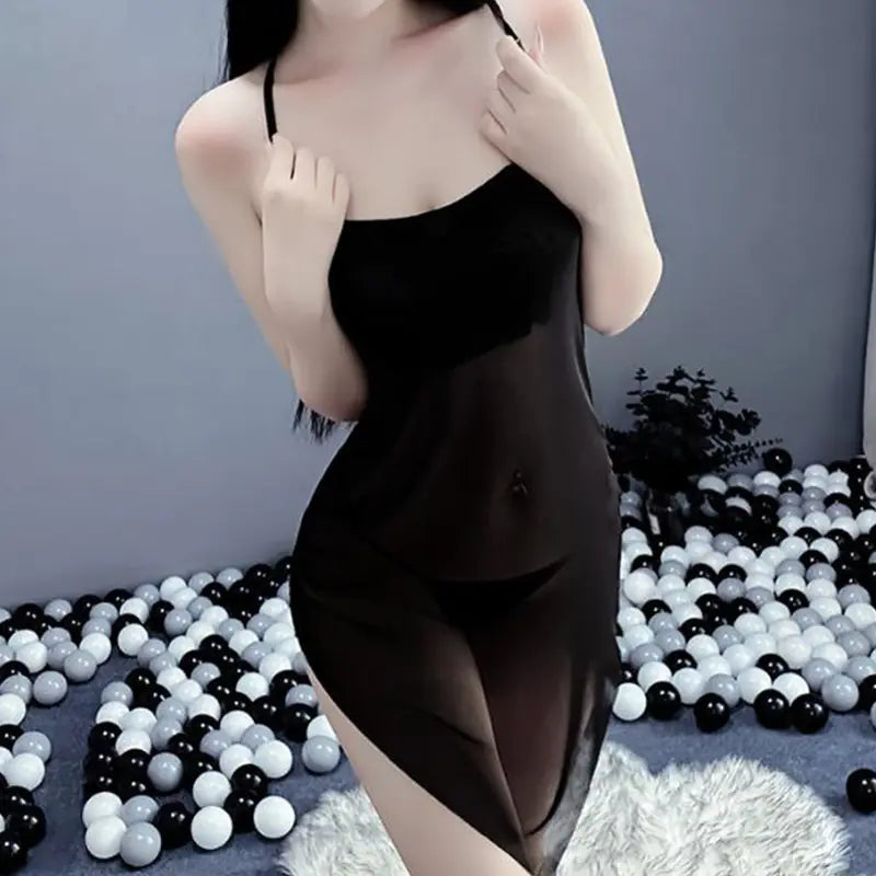 Sexy Summer Sheer Mesh Nightgown with Slit Dress - Lingerie