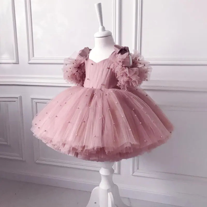 Baby Girl Pearl Mesh Tutu Lace Dress for Special Occasions  - 888