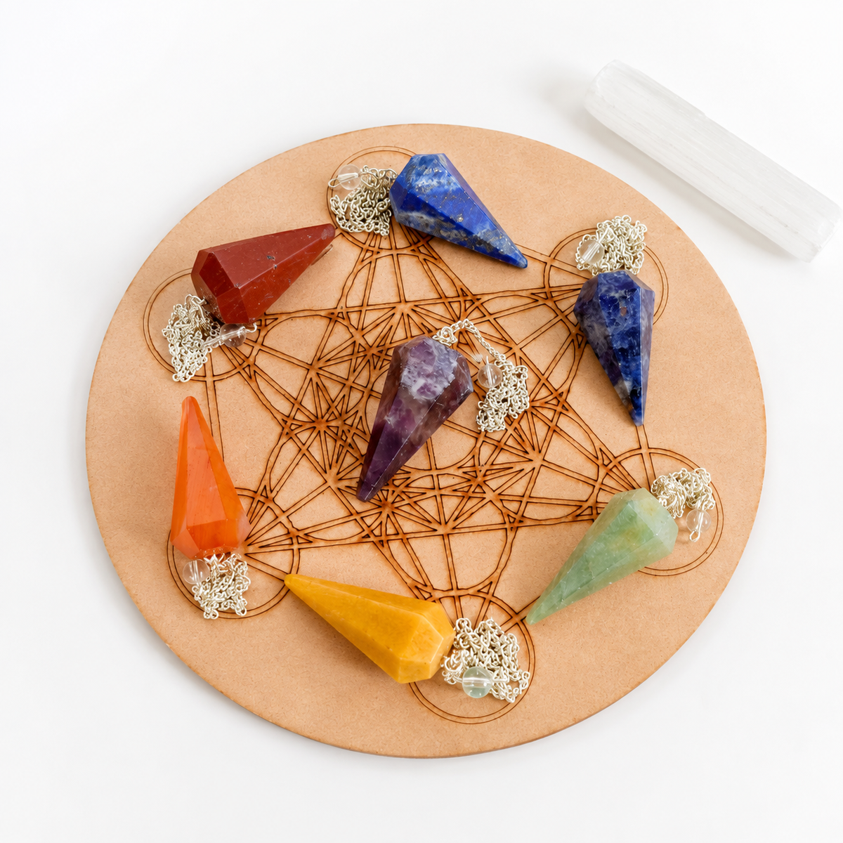 Seven Chakra Crystal Pendulum with Wooden Grid Plate, Selenite Log