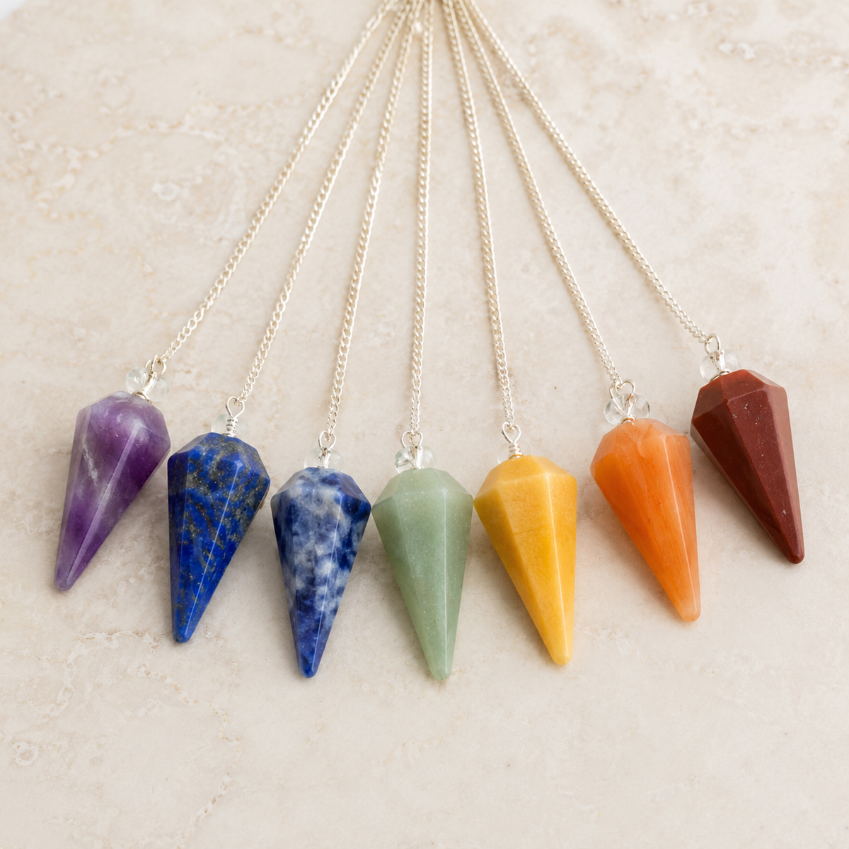 Seven Chakra Crystal Pendulum with Wooden Grid Plate, Selenite Log