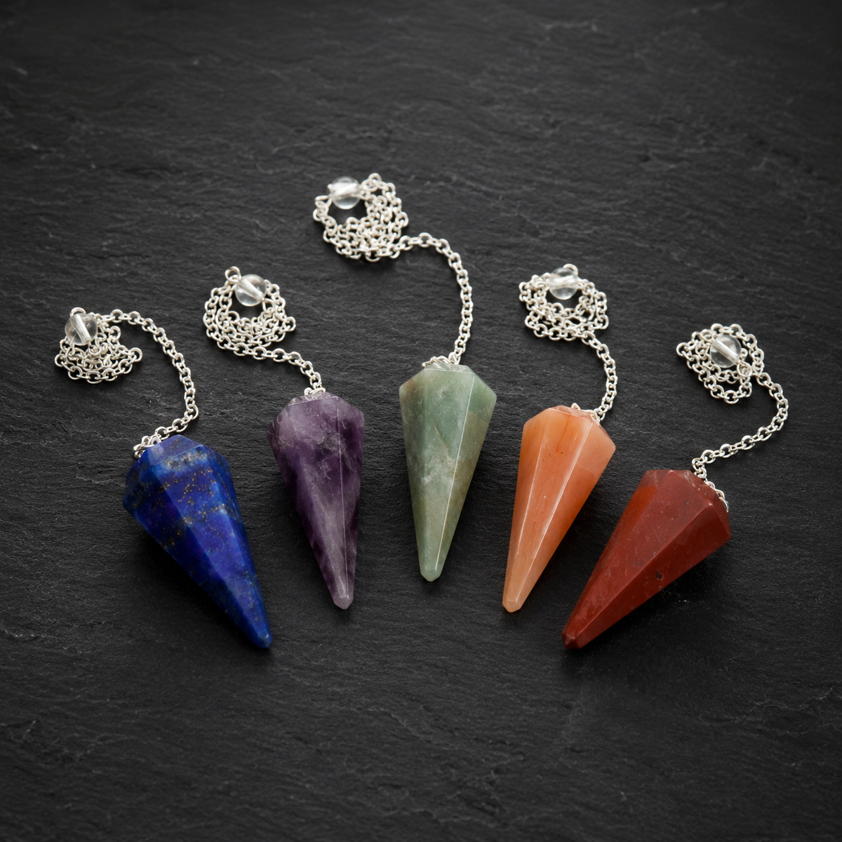 Seven Chakra Crystal Pendulum with Wooden Grid Plate, Selenite Log
