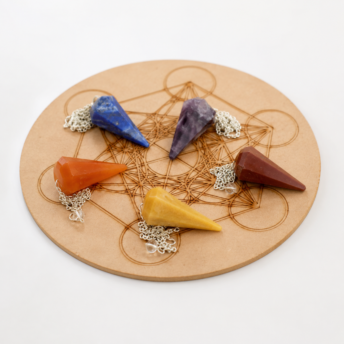 Seven Chakra Crystal Pendulum with Wooden Grid Plate, Selenite Log