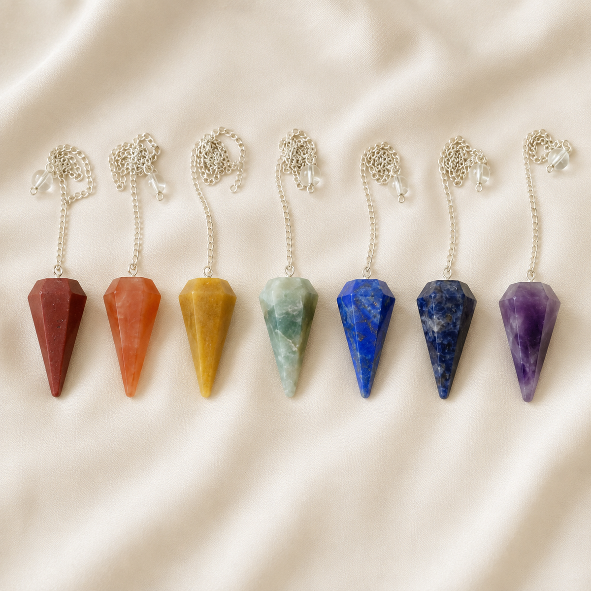 Seven Chakra Crystal Pendulum with Wooden Grid Plate, Selenite Log