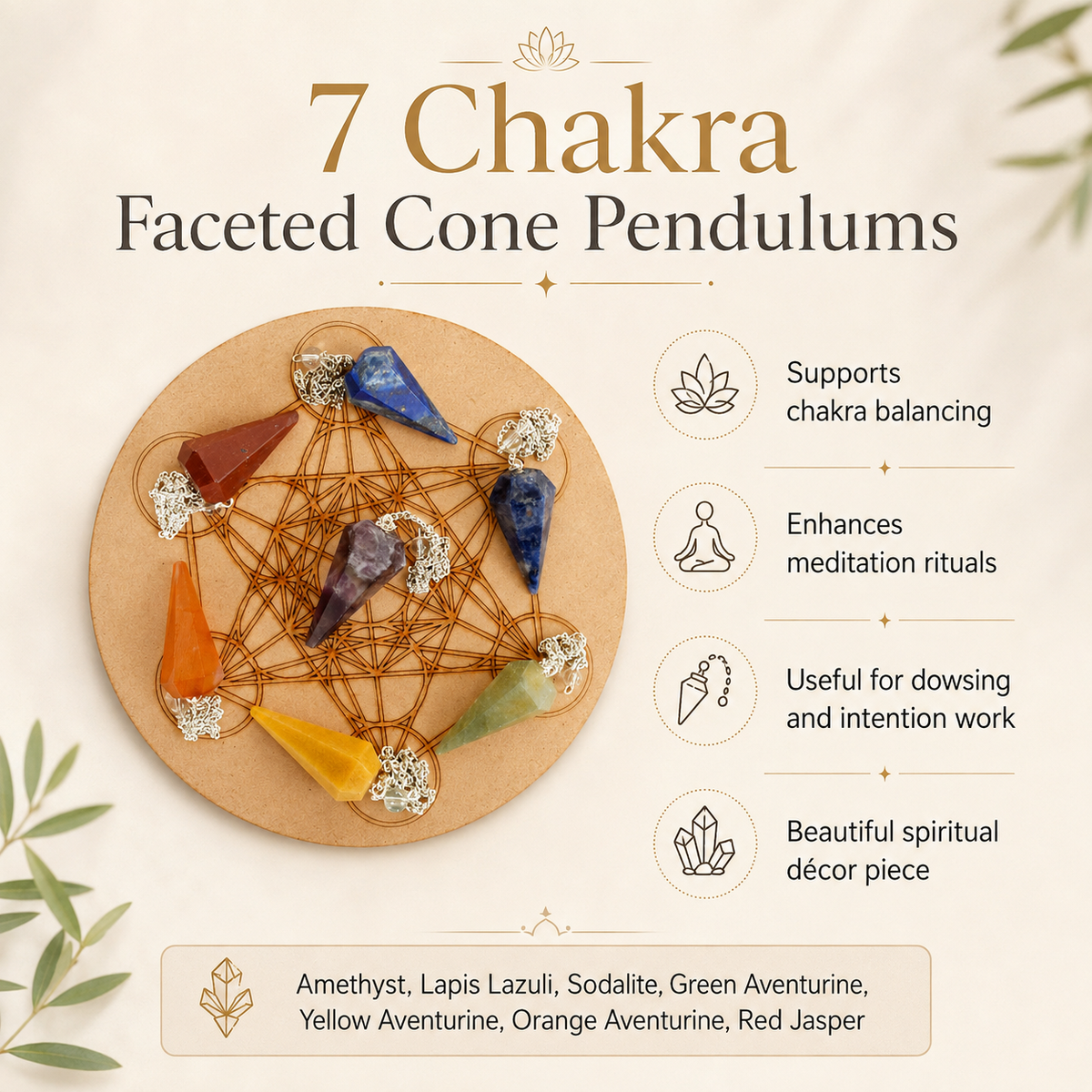Seven Chakra Crystal Pendulum with Wooden Grid Plate, Selenite Log