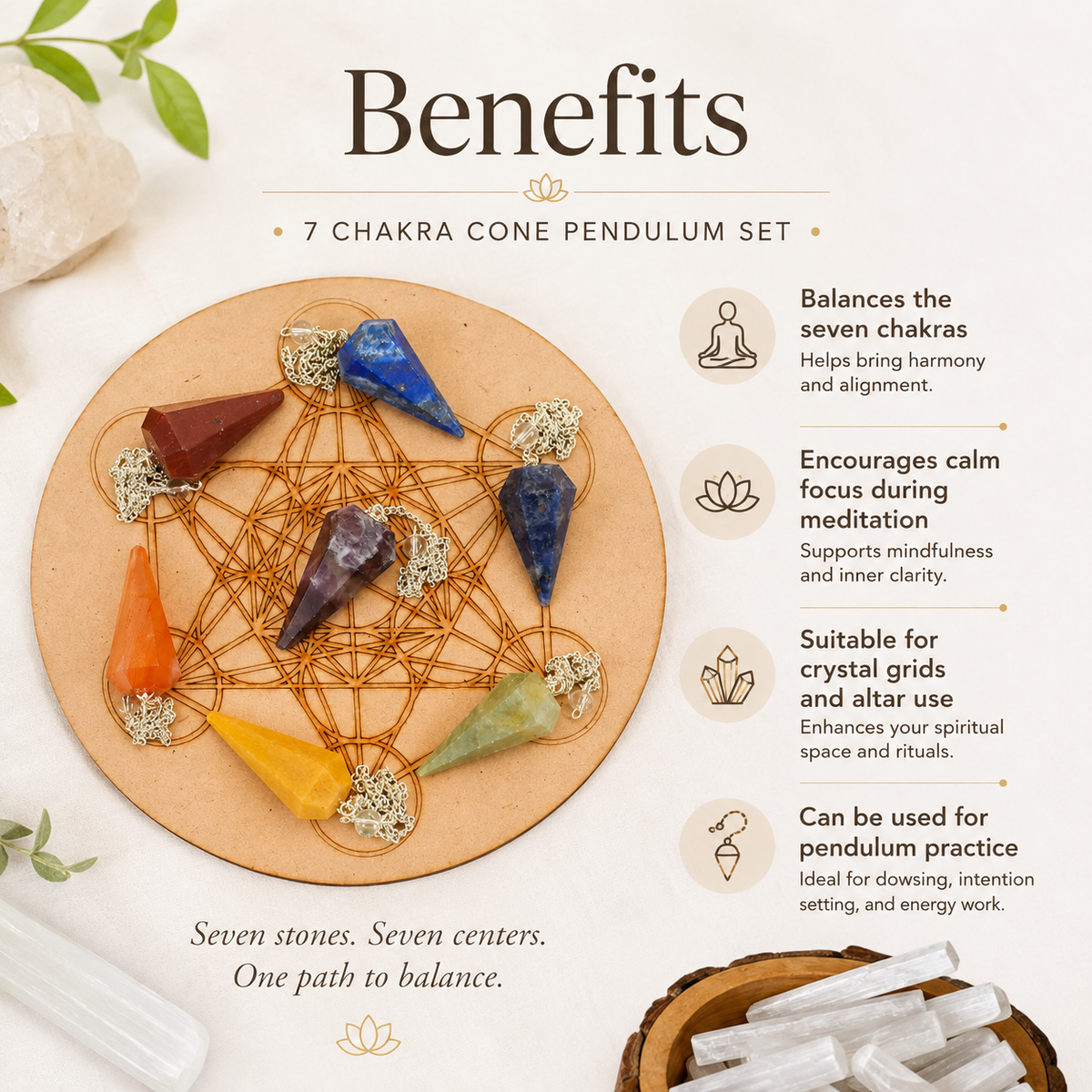 Seven Chakra Crystal Pendulum with Wooden Grid Plate, Selenite Log